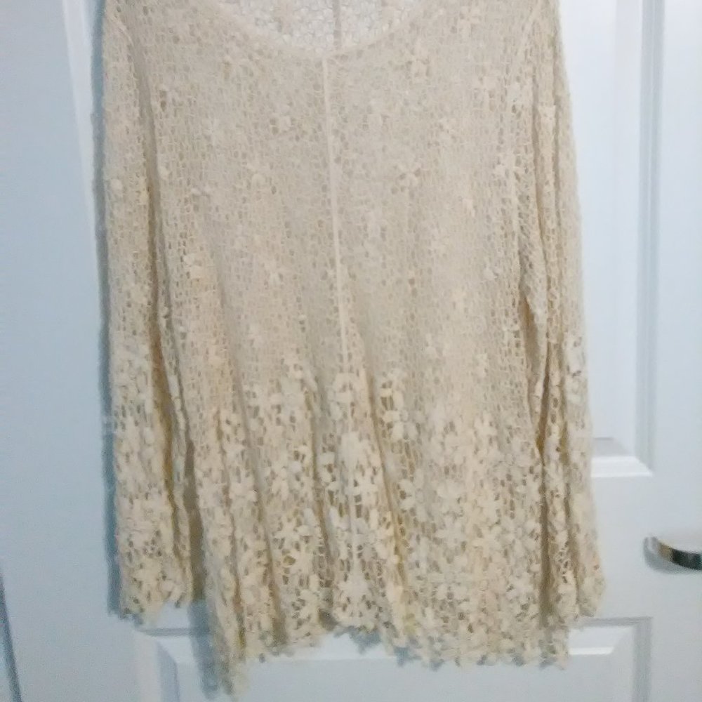 See through floral design long sleeve cream open weave sweater